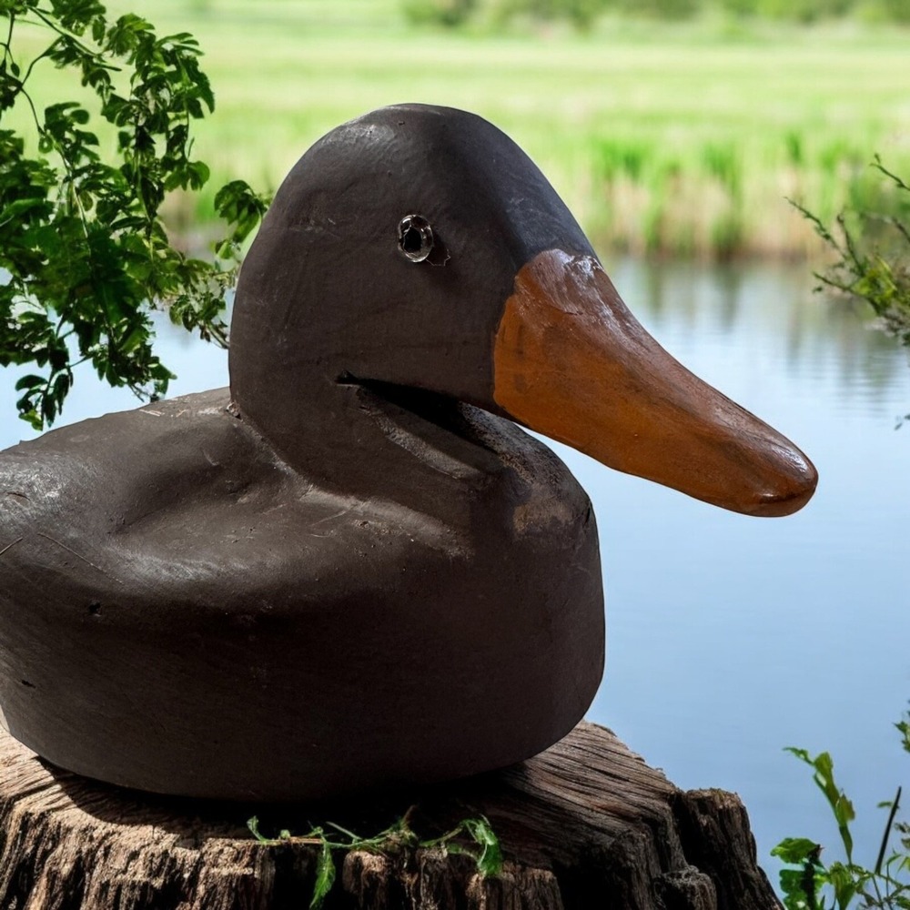 VTG Primitive Wooden Duck Decoy Hand Painted/Carved Solid Heavy 5LB Glass Eyes